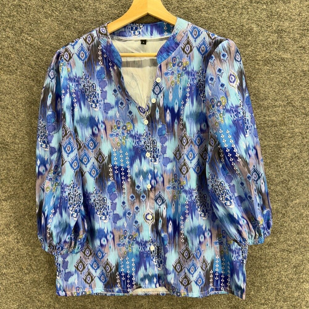 Unbranded Shirt Women L Large Blue Geometric Button Up V-Neck 3/4 Sleeve Casual